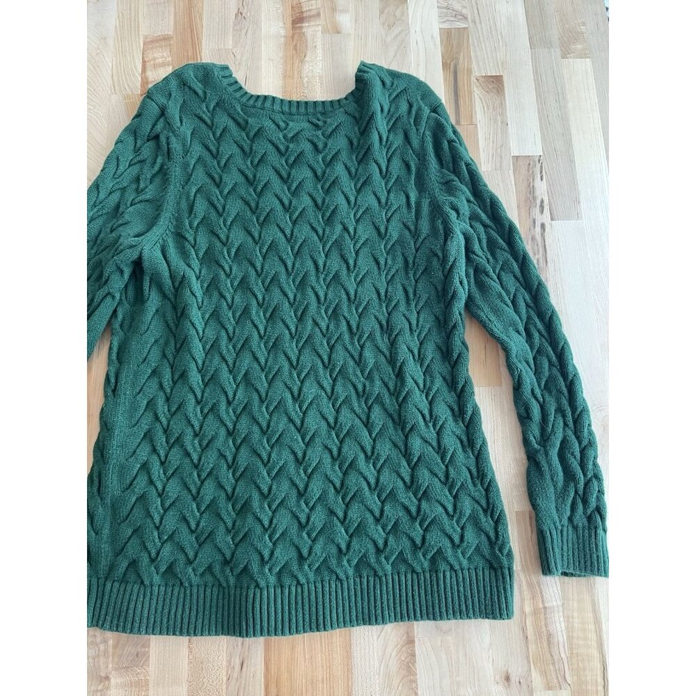 Lands End Sweater Crew Neck Pullover 100% Cotton Chunky Knit Dark Green L, 14-16 - Picture 2 of 9